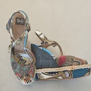 D&G Blue and Red Wedge Shoes with High Heels and Ankle Straps
